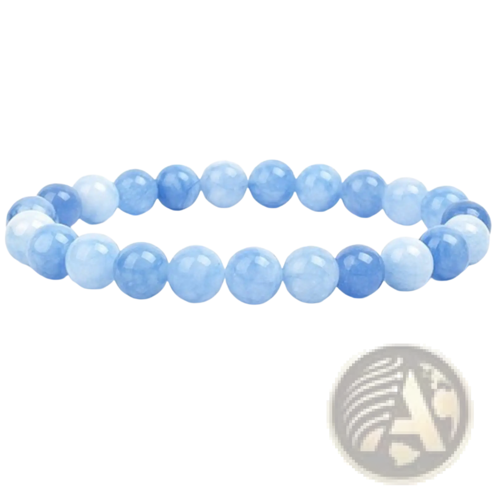 Unisex 8mm polished agate and amethyst stretch bracelet with smooth round blue agate beads in varying shades