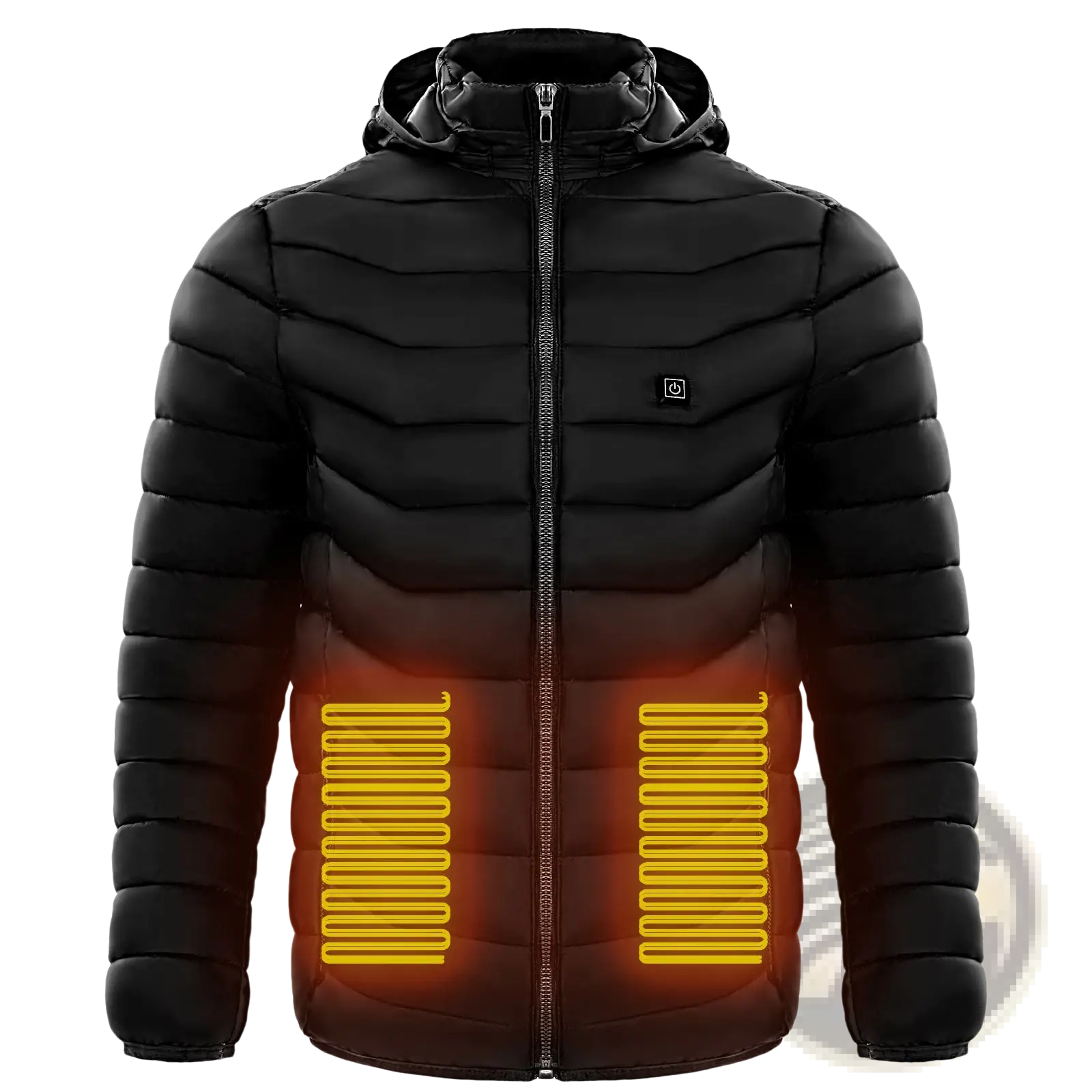 Unisex black heated puffer jacket with glowing orange electric heating elements on the lower front panels