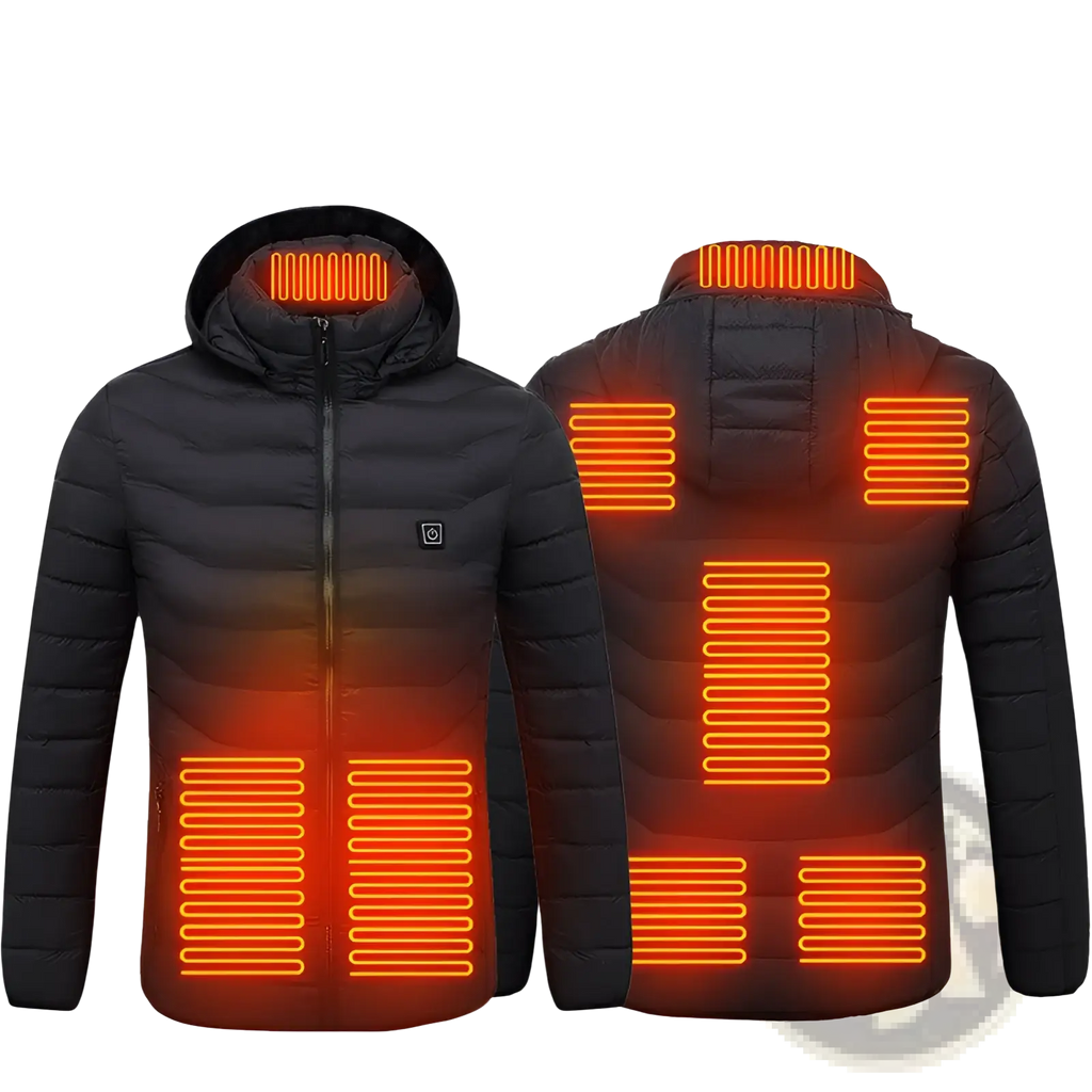 Unisex black electric heated puffer jacket with nine glowing orange heating zones on shoulders chest and torso
