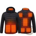Unisex black electric heated puffer jacket with nine glowing orange heating zones on shoulders chest and torso