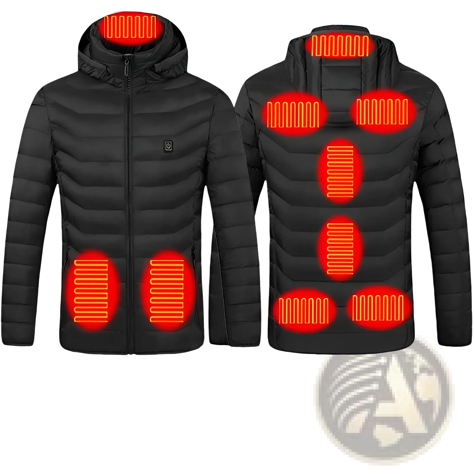 Unisex black electric heated hooded puffer jacket with nine glowing red heating zones and three temperature settings