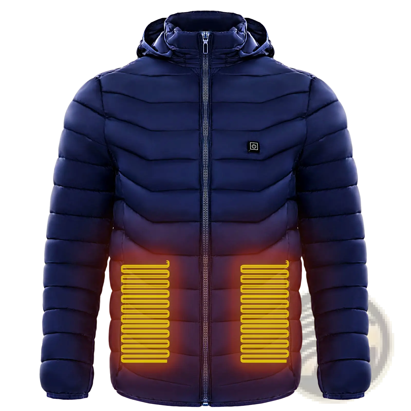 Dark blue quilted unisex 9 zone electric heated hooded puffer jacket with glowing yellow heating elements on front panels