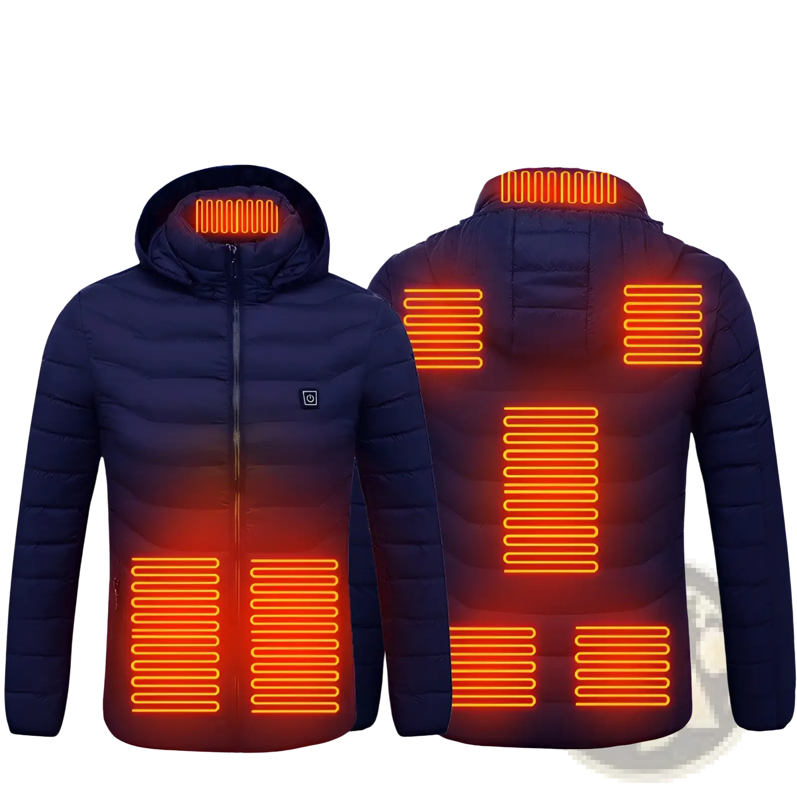 Unisex navy blue electric heated puffer jacket showing back with glowing orange heating panels in nine zones