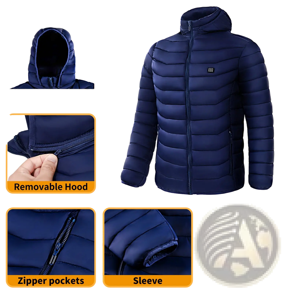 Navy blue unisex 9 zone electric heated hooded puffer jacket with removable hood and zipper pockets visible from the back