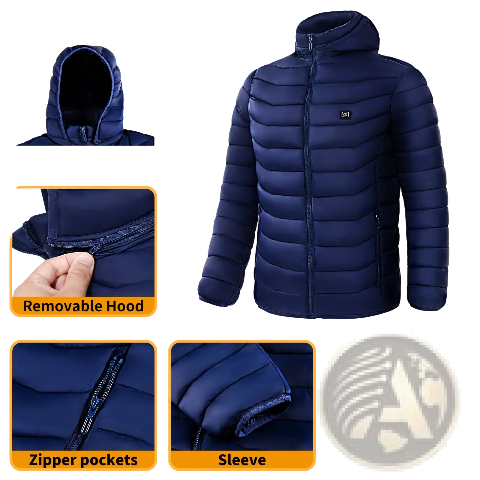 Navy blue unisex 9 zone electric heated hooded puffer jacket with removable hood and zipper pockets visible from the back