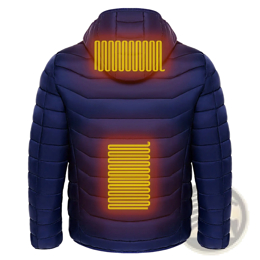 Navy blue quilted unisex 9 zone electric heated puffer jacket showing glowing heating elements on back and hood