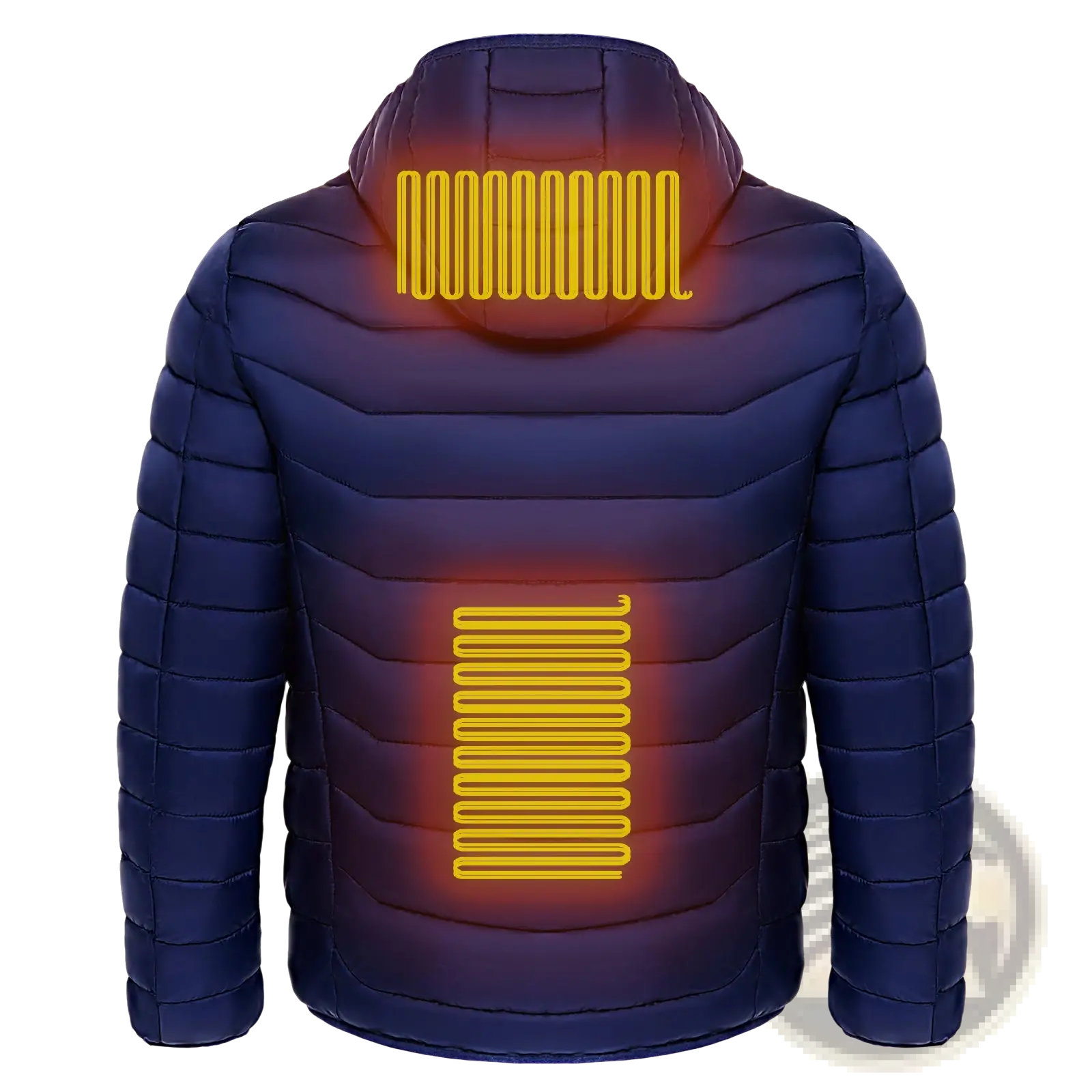 Navy blue quilted unisex 9 zone electric heated puffer jacket showing glowing heating elements on back and hood