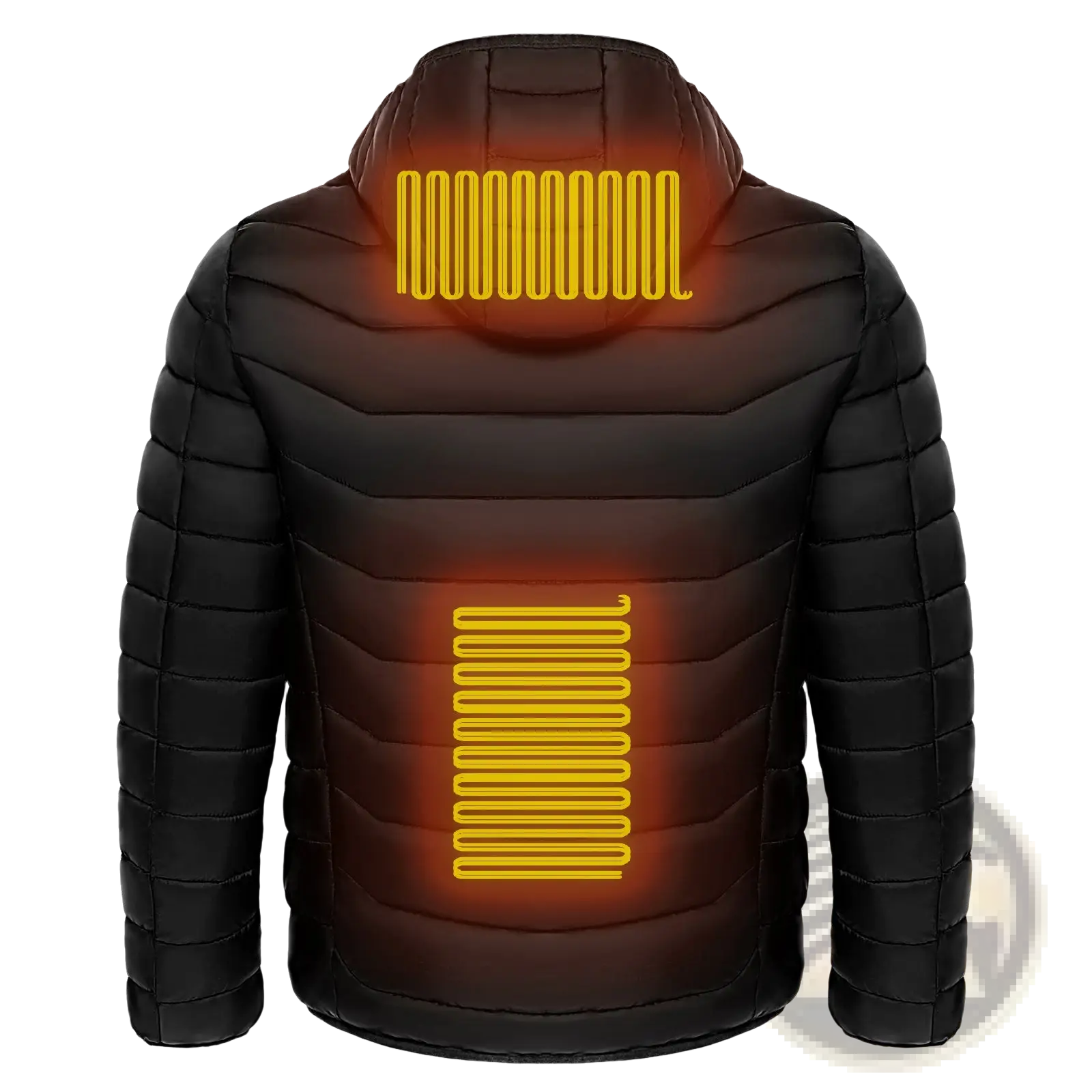 Back view of a black quilted unisex 9 zone electric heated hooded puffer jacket with glowing orange heating elements