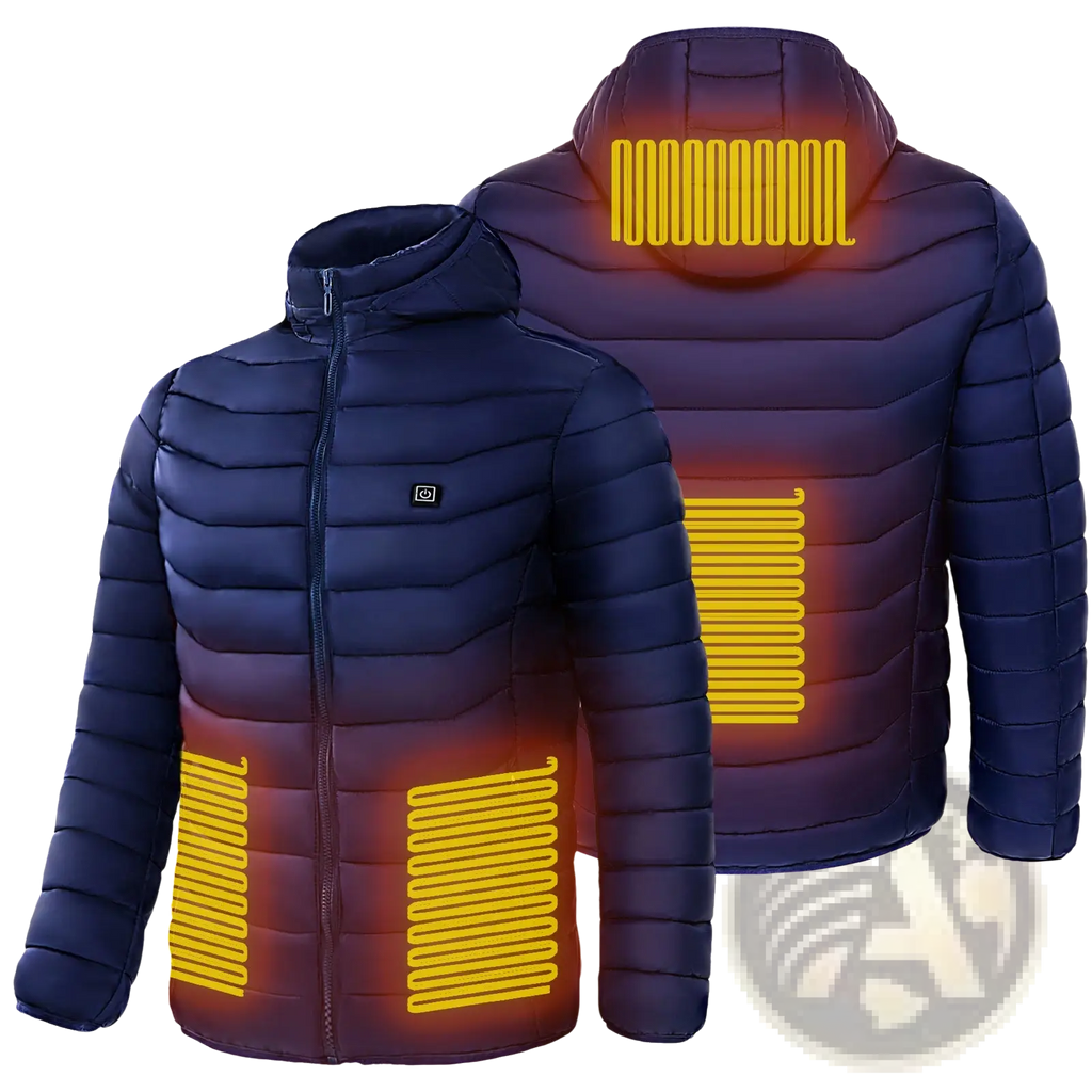 Navy blue unisex 9 zone electric heated hooded puffer jacket showing glowing yellow heating elements on the back side
