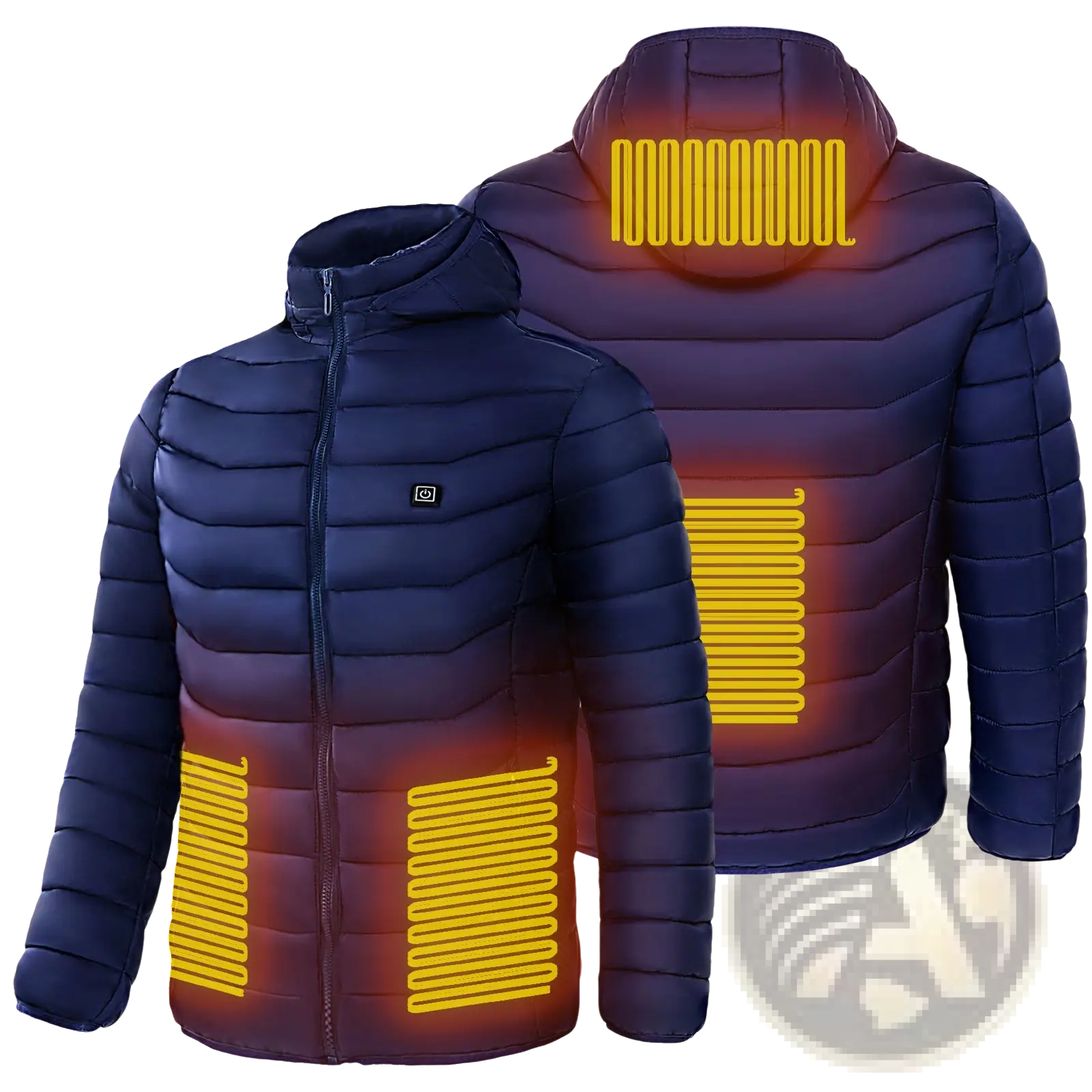 Navy blue unisex 9 zone electric heated hooded puffer jacket showing glowing yellow heating elements on the back side
