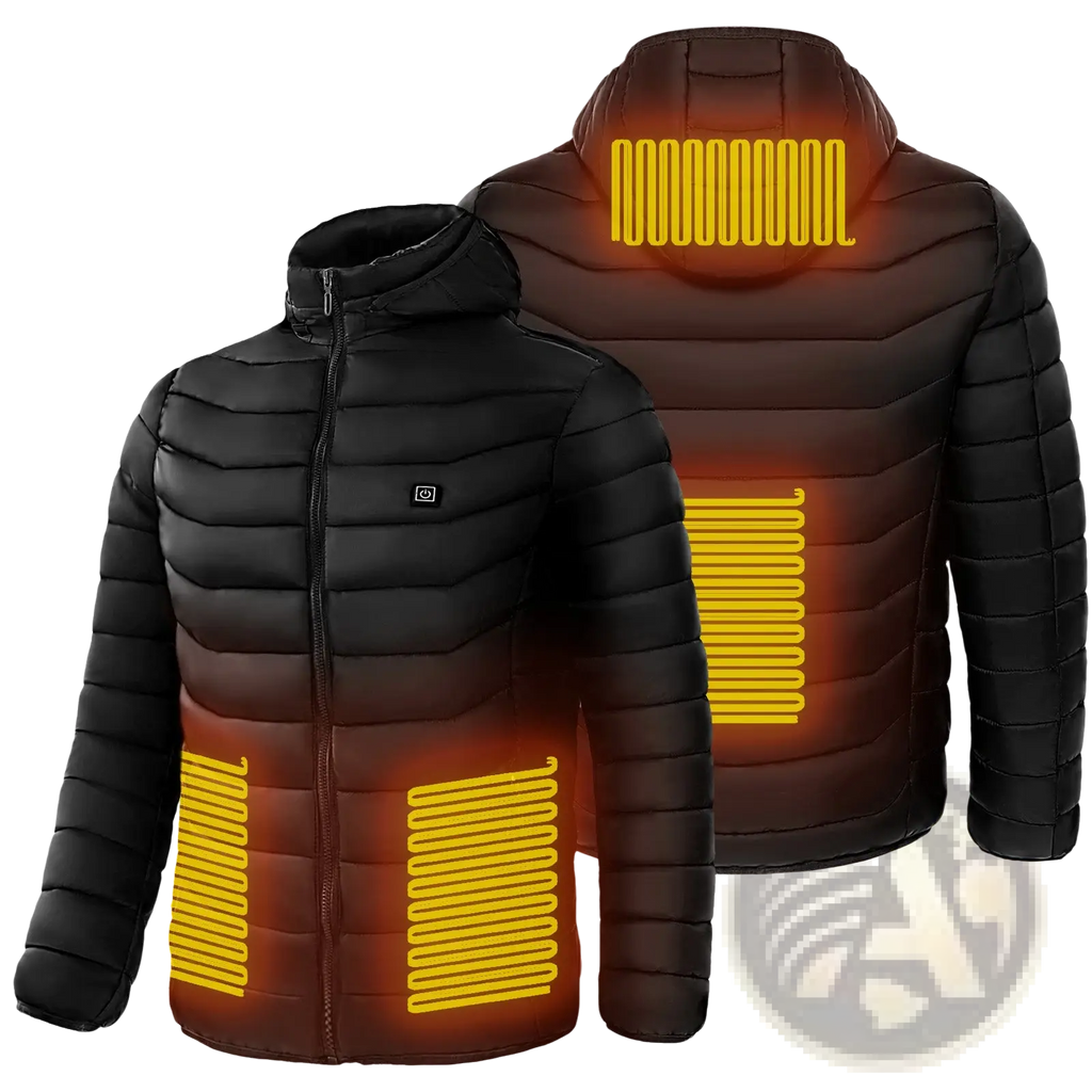 Black unisex 9 zone electric heated hooded puffer jacket back with glowing yellow heating elements on back and sides