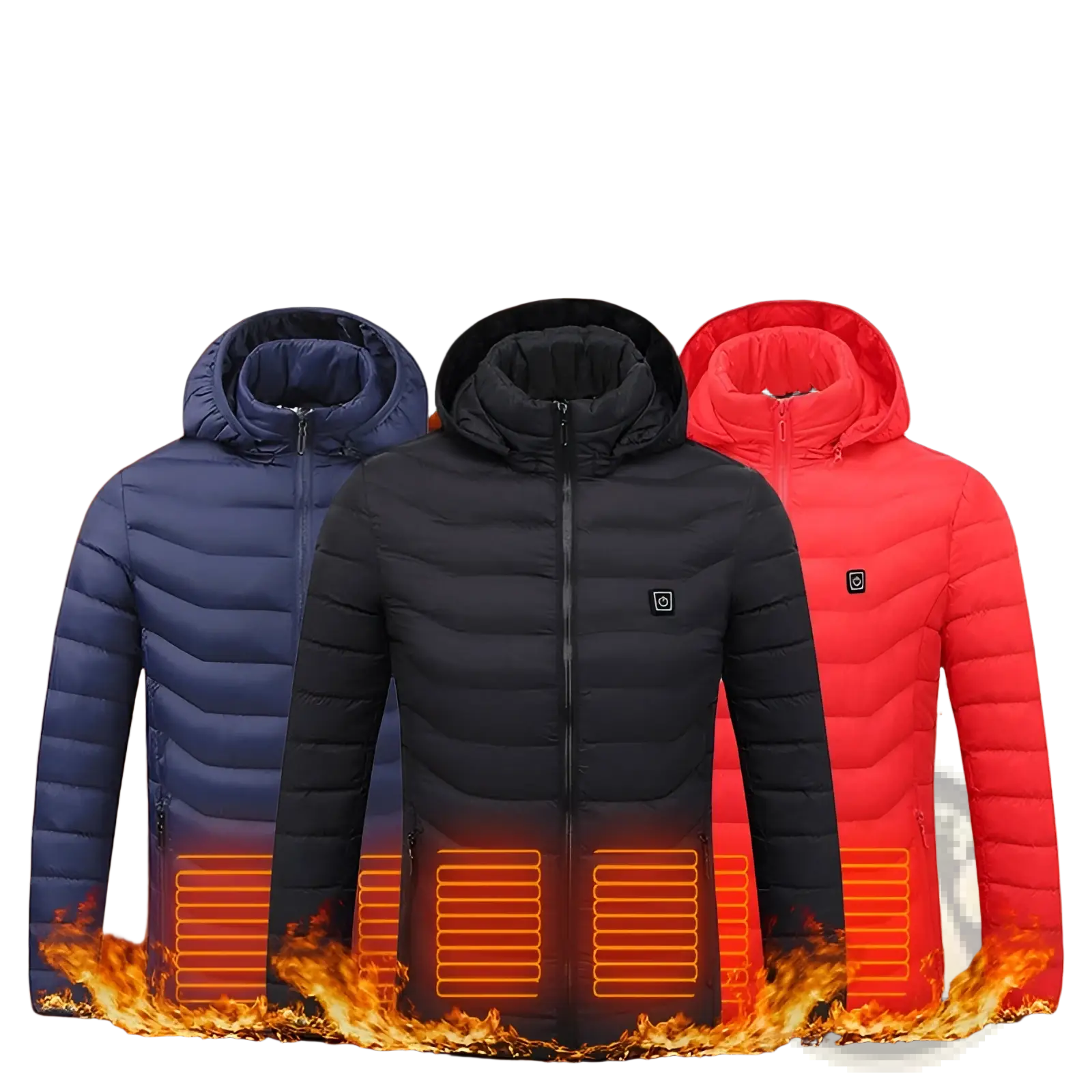 Unisex 9 zone electric heated hooded puffer jackets in navy blue black and red with quilted design and glowing heating zones