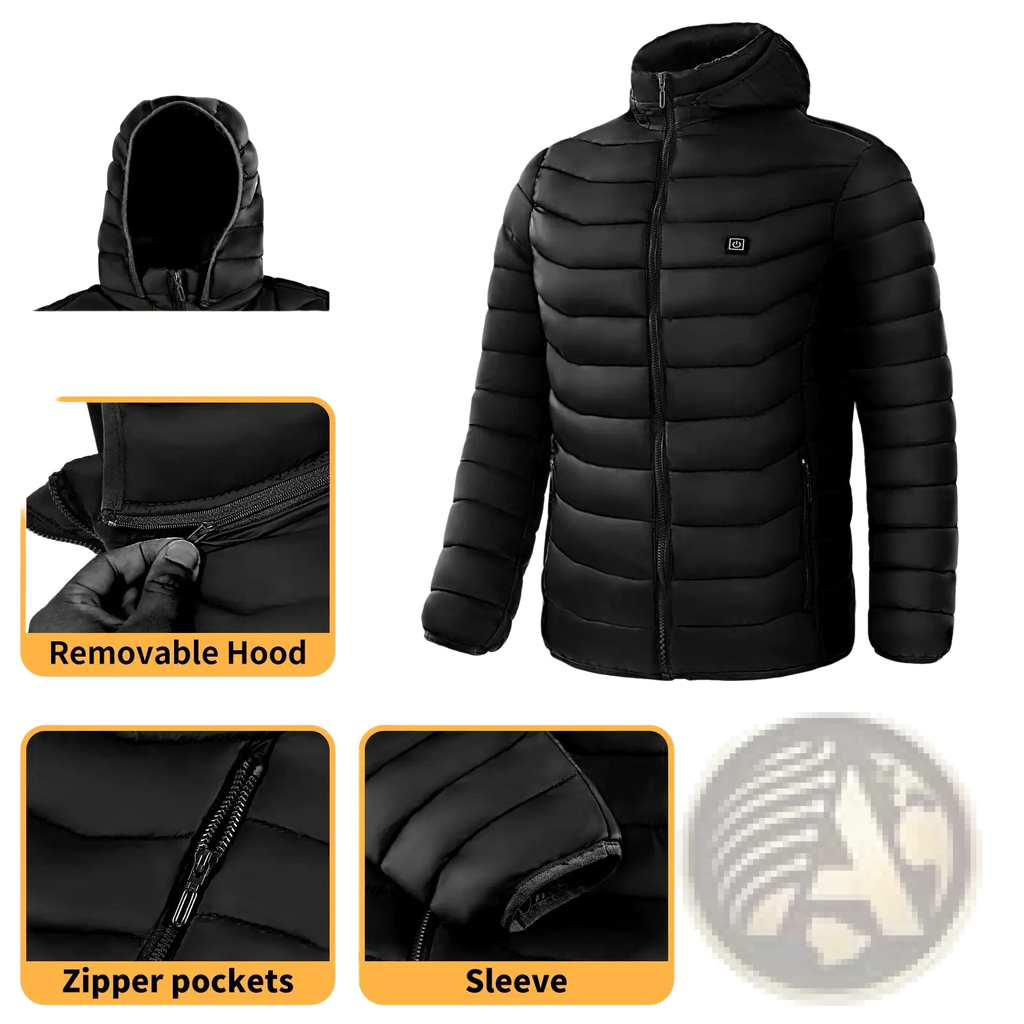 Black unisex 9 zone electric heated puffer jacket with quilted design and removable hood shown from the back side