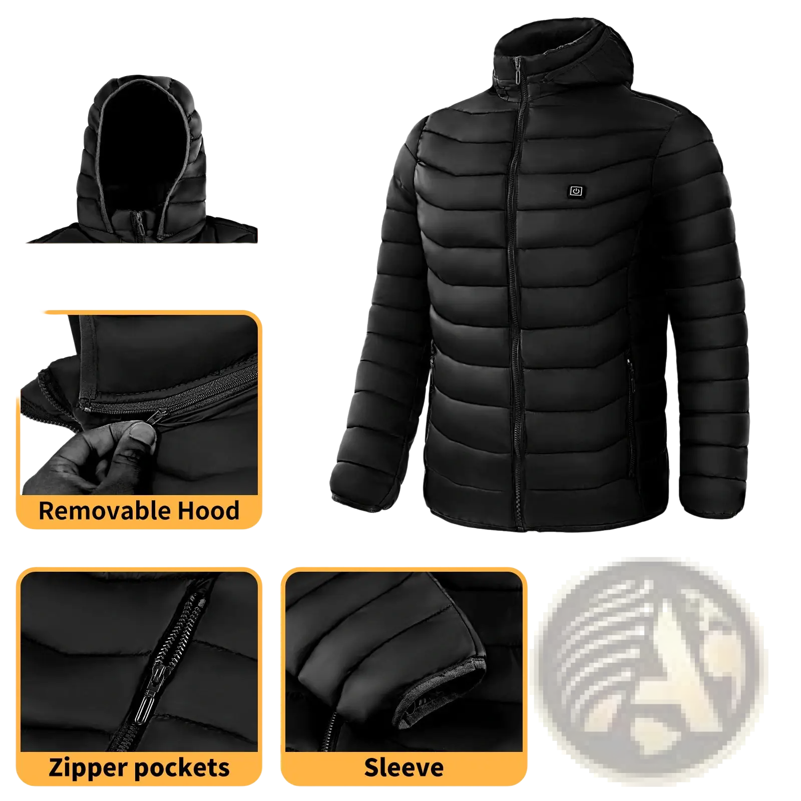 Black unisex 9 zone electric heated puffer jacket with quilted design and removable hood shown from the back side