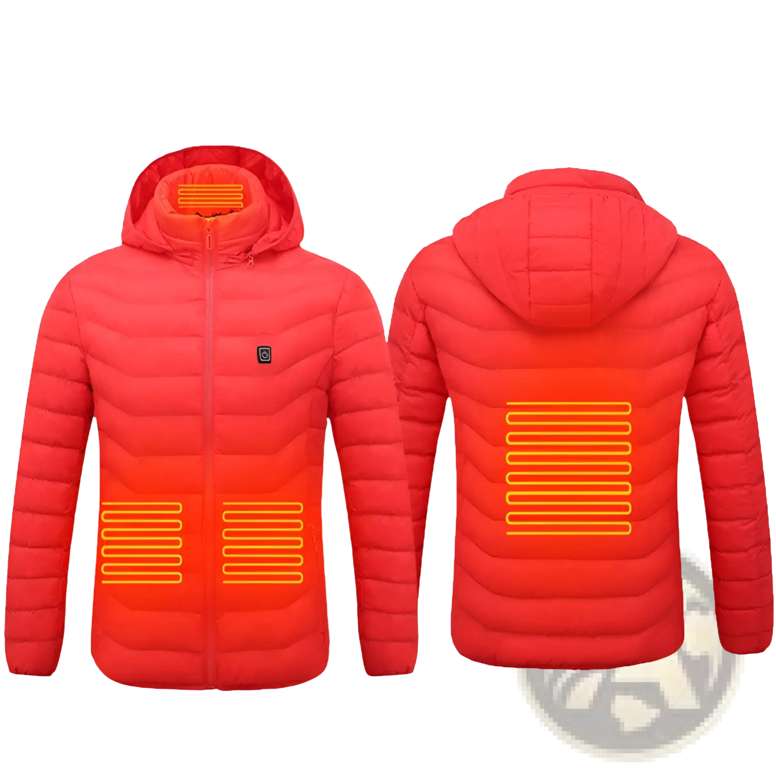 Unisex vibrant red electric heated hooded puffer jacket with orange heating panels on front back and hood