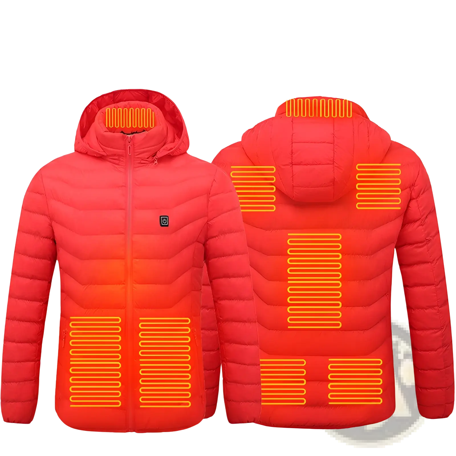 Unisex red heated puffer jacket with nine orange heating zones and black control button on the chest for cold weather