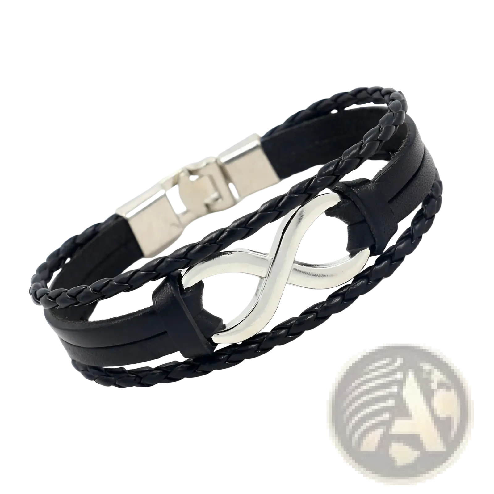 Black braided leather bracelet with silver infinity symbol clasp and magnetic closure for unisex use