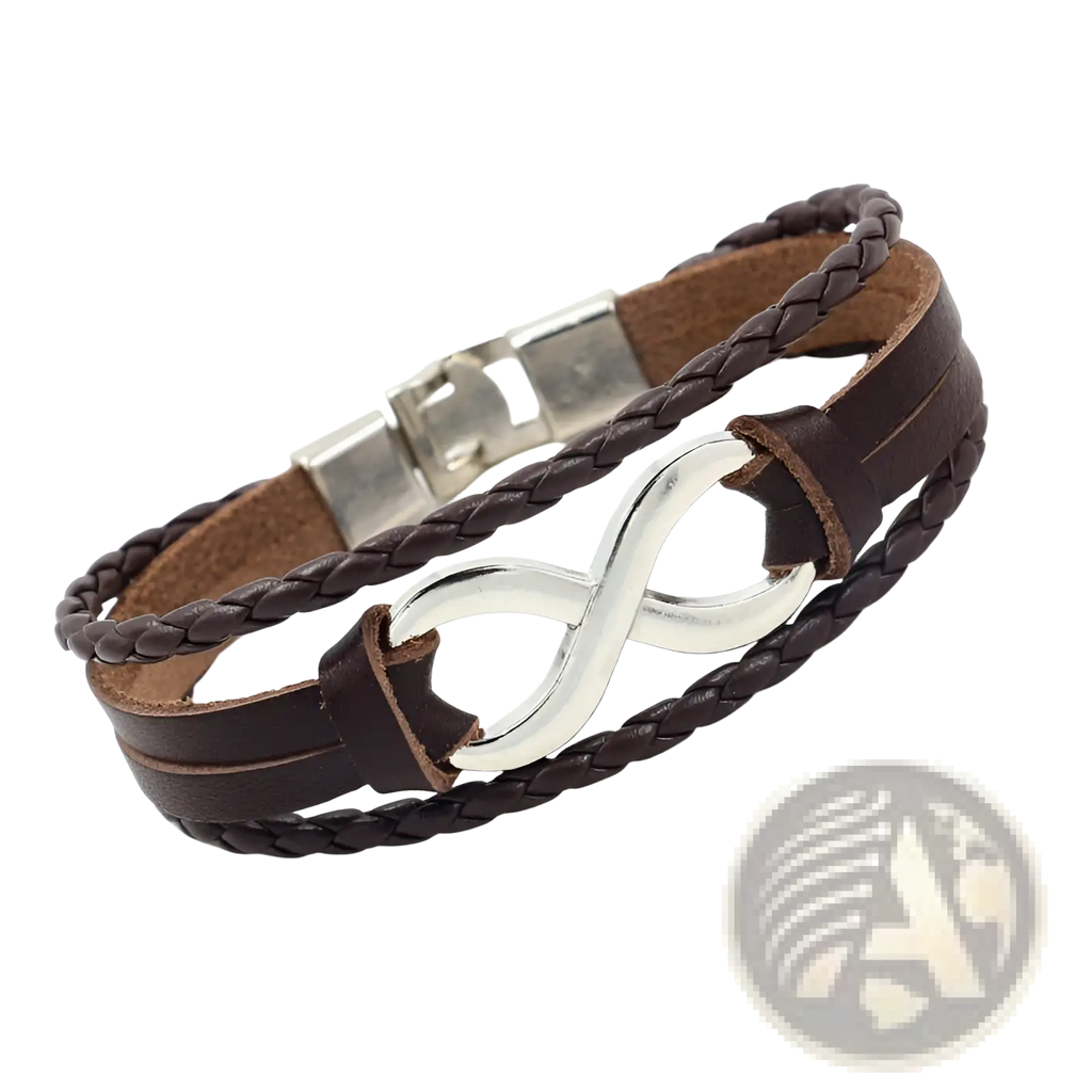 Unisex braided leather infinity and nautical charm bracelet in brown with silver infinity clasp and magnetic closure