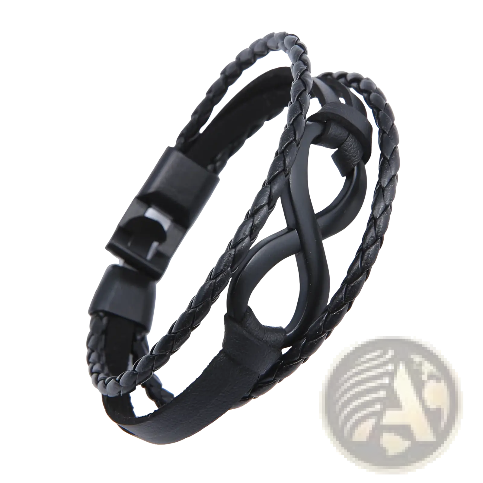 Unisex black braided leather infinity and nautical charm bracelet with magnetic clasp and infinity symbol centerpiece