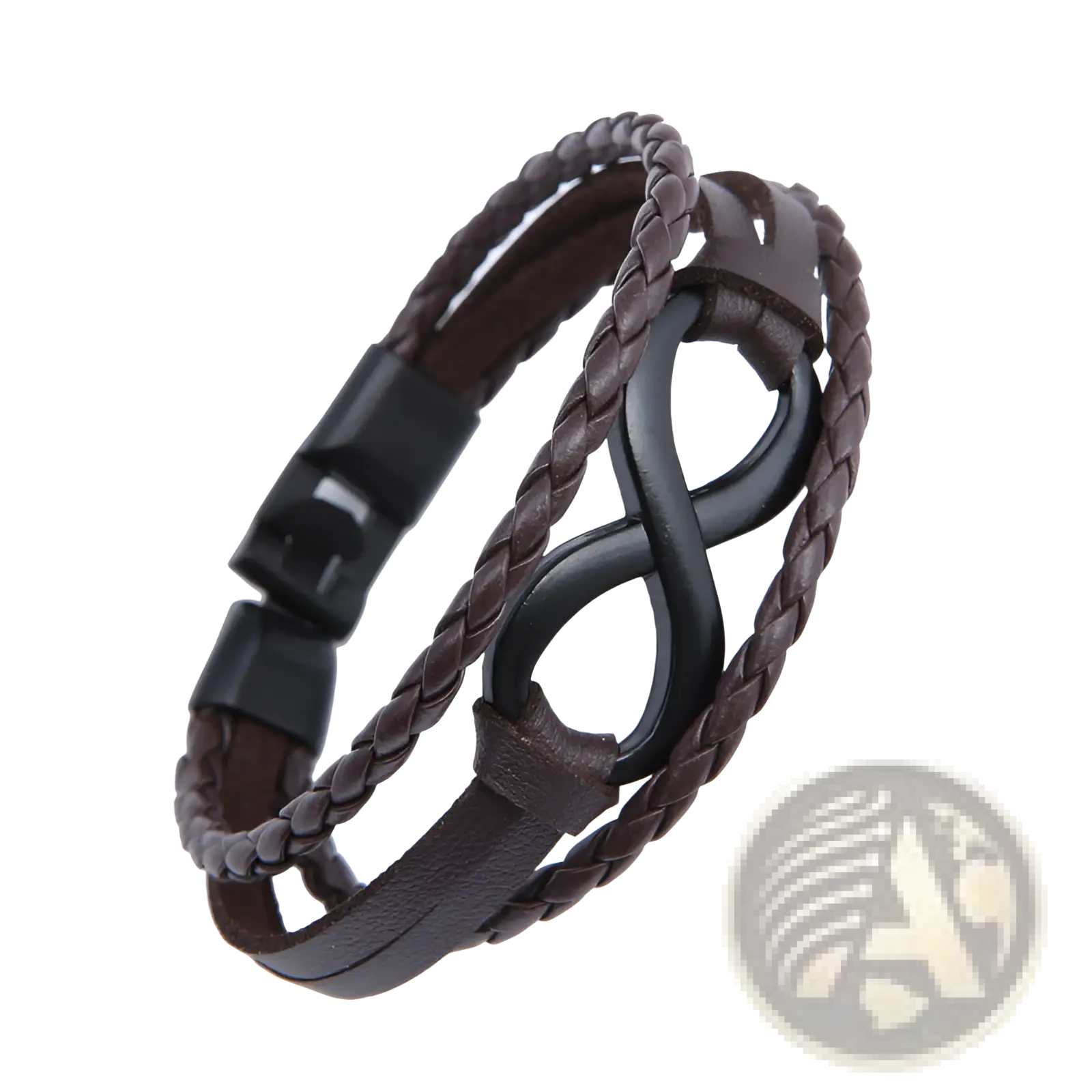 Unisex braided leather infinity and nautical charm bracelet with brown leather, black infinity centerpiece, and magnetic clasp