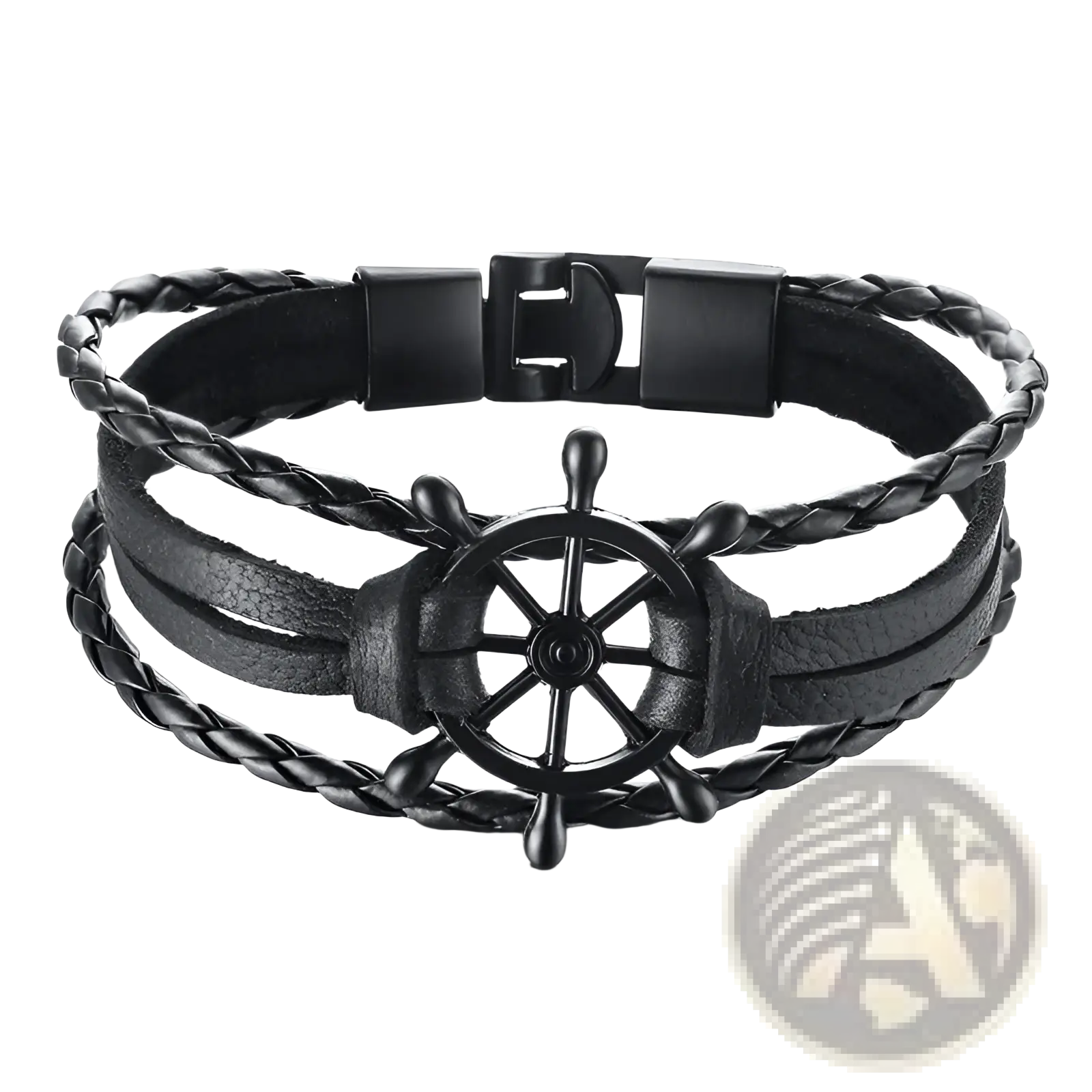 Unisex braided black leather bracelet with central ship’s wheel charm and black magnetic clasp