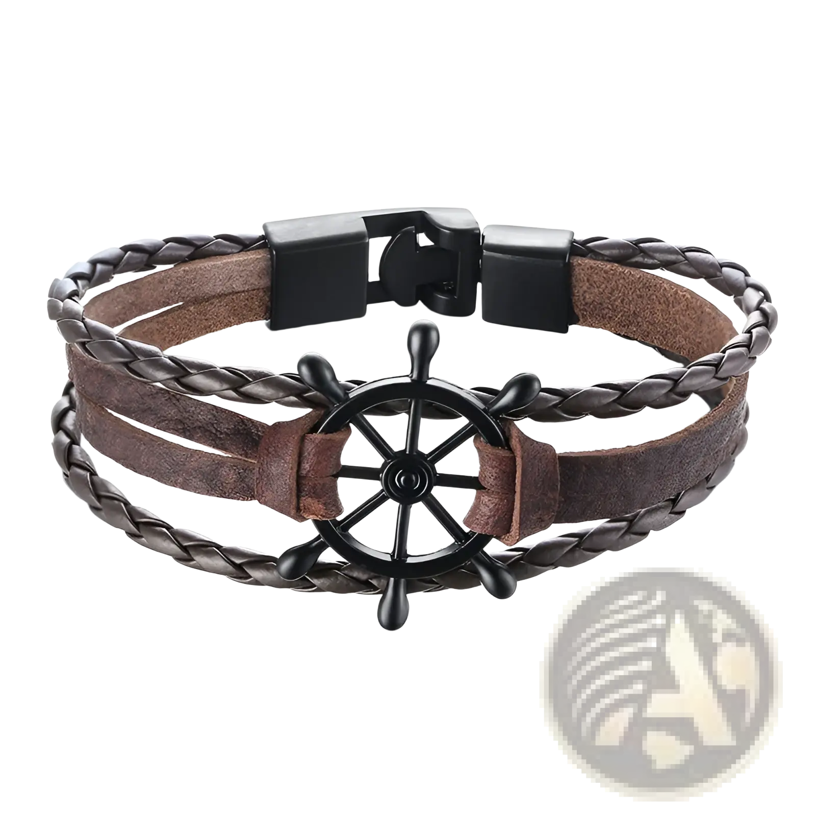 Unisex braided leather infinity bracelet in brown with black nautical charm and stainless steel clasp