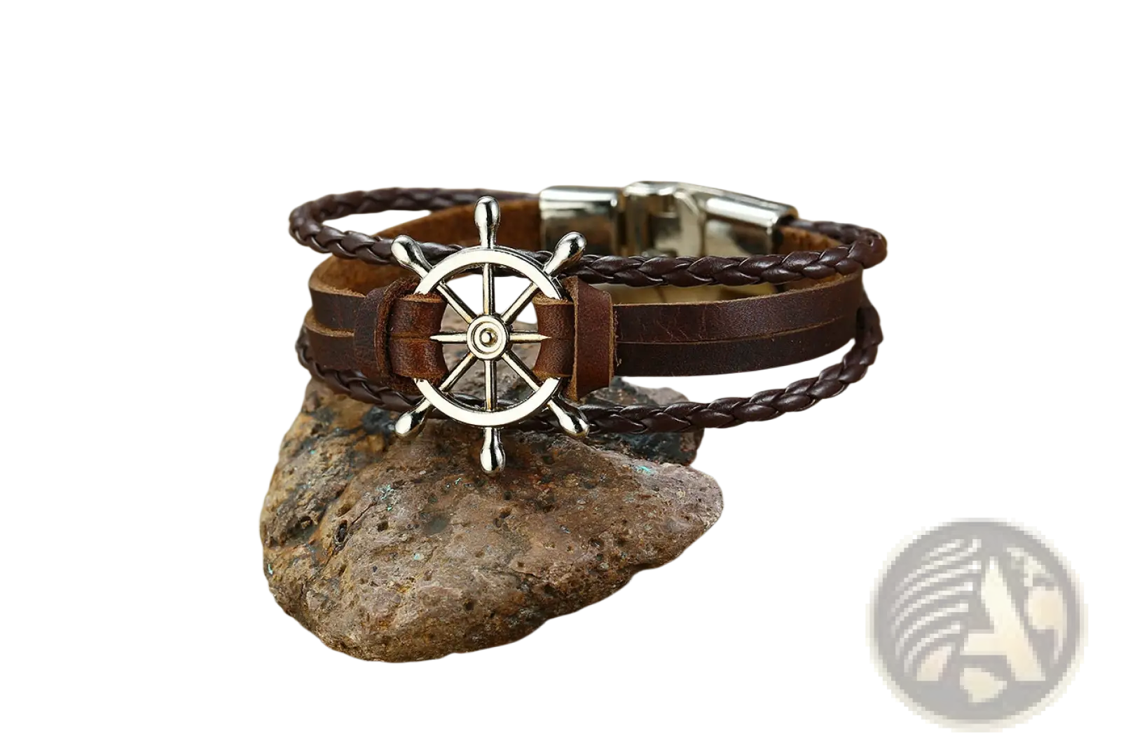Unisex brown braided leather infinity bracelet with silver ship’s wheel charm and magnetic clasp