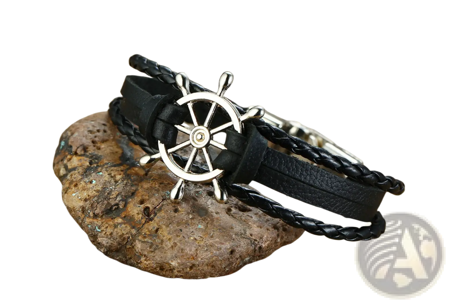 Black braided leather unisex bracelet with a silver ship’s wheel nautical charm and infinity detail