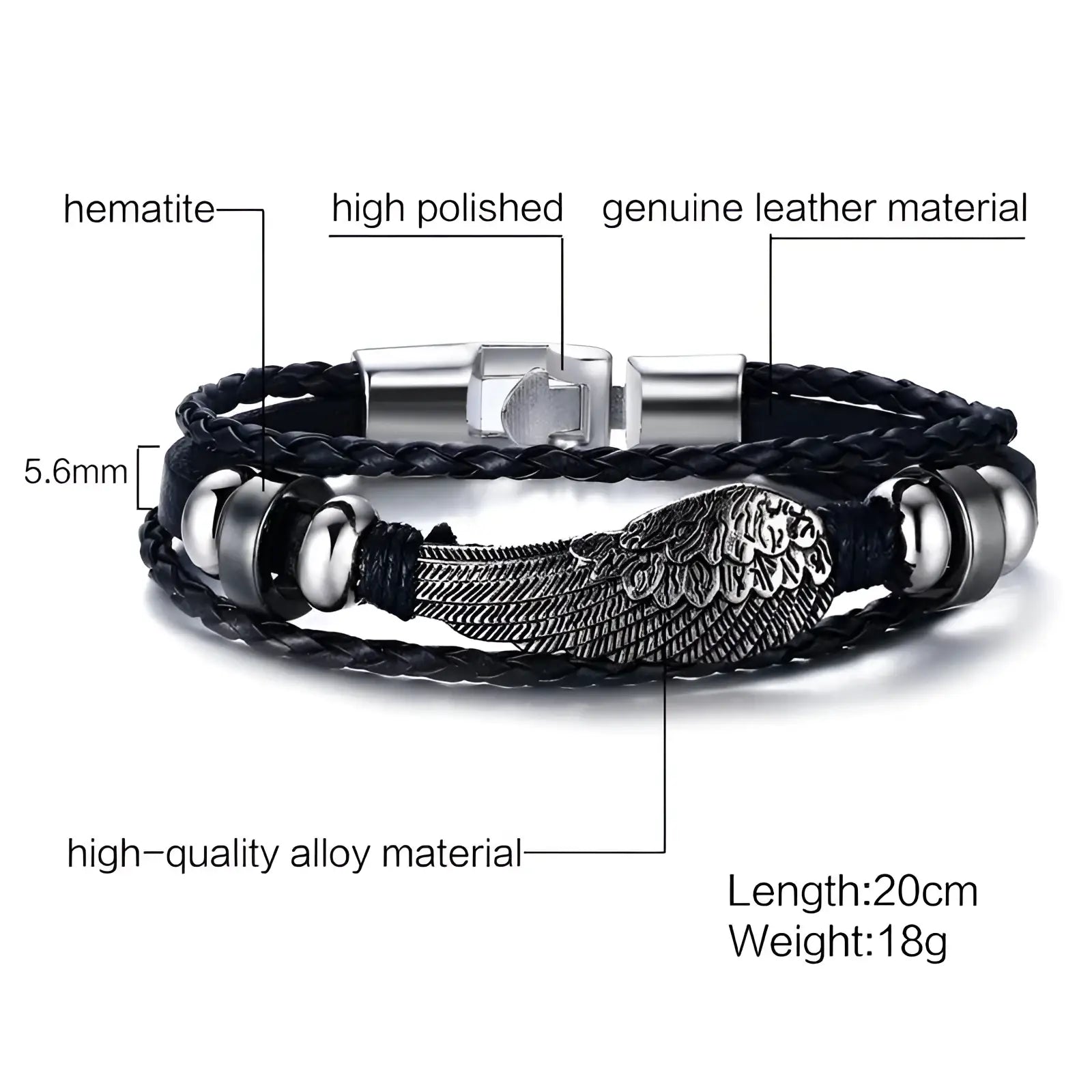 Unisex black braided leather infinity and nautical charm bracelet with silver-toned angel wing and stainless steel clasp