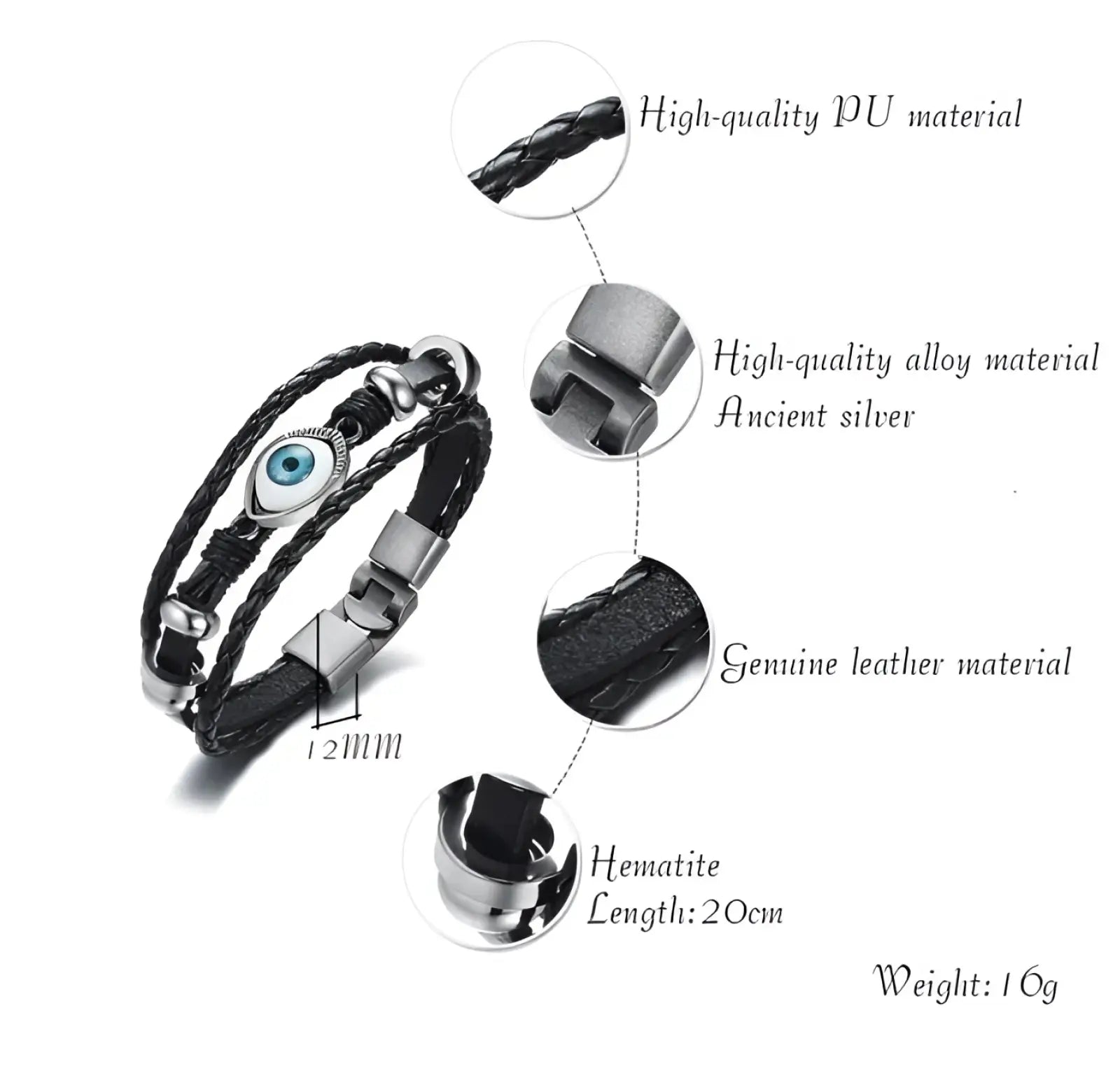 Unisex braided leather bracelet in black with a silver-toned evil eye charm and metallic clasp detail