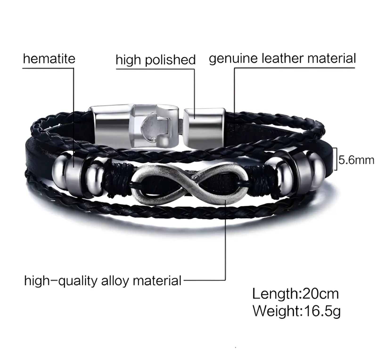 Unisex braided black leather infinity and nautical charm bracelet with silver infinity symbol and polished magnetic clasp