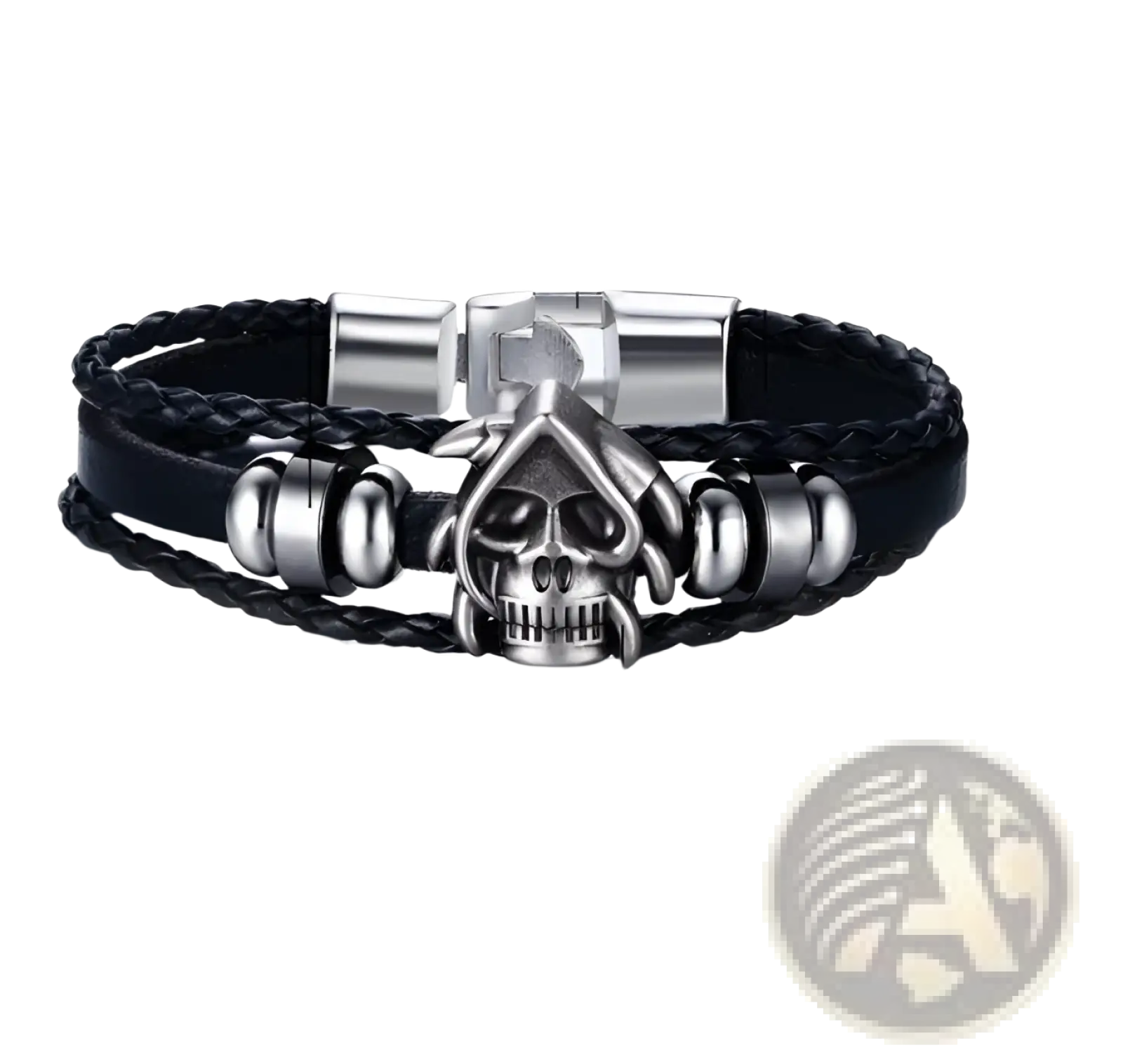 Unisex braided leather infinity and nautical charm bracelet with black leather and stainless steel skull centerpiece