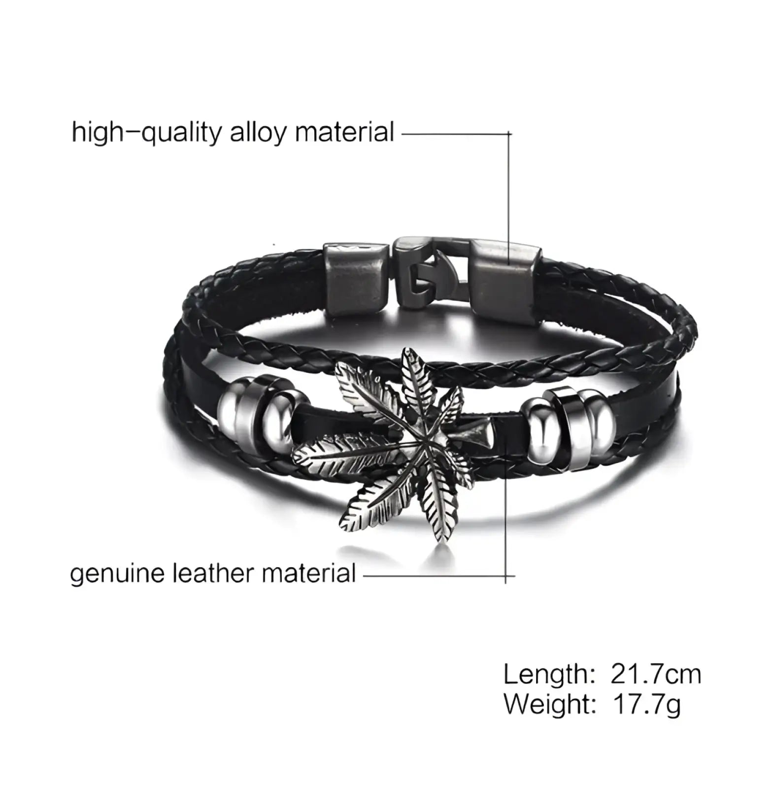 Unisex black braided leather bracelet with a silver cannabis leaf charm and metallic alloy clasp