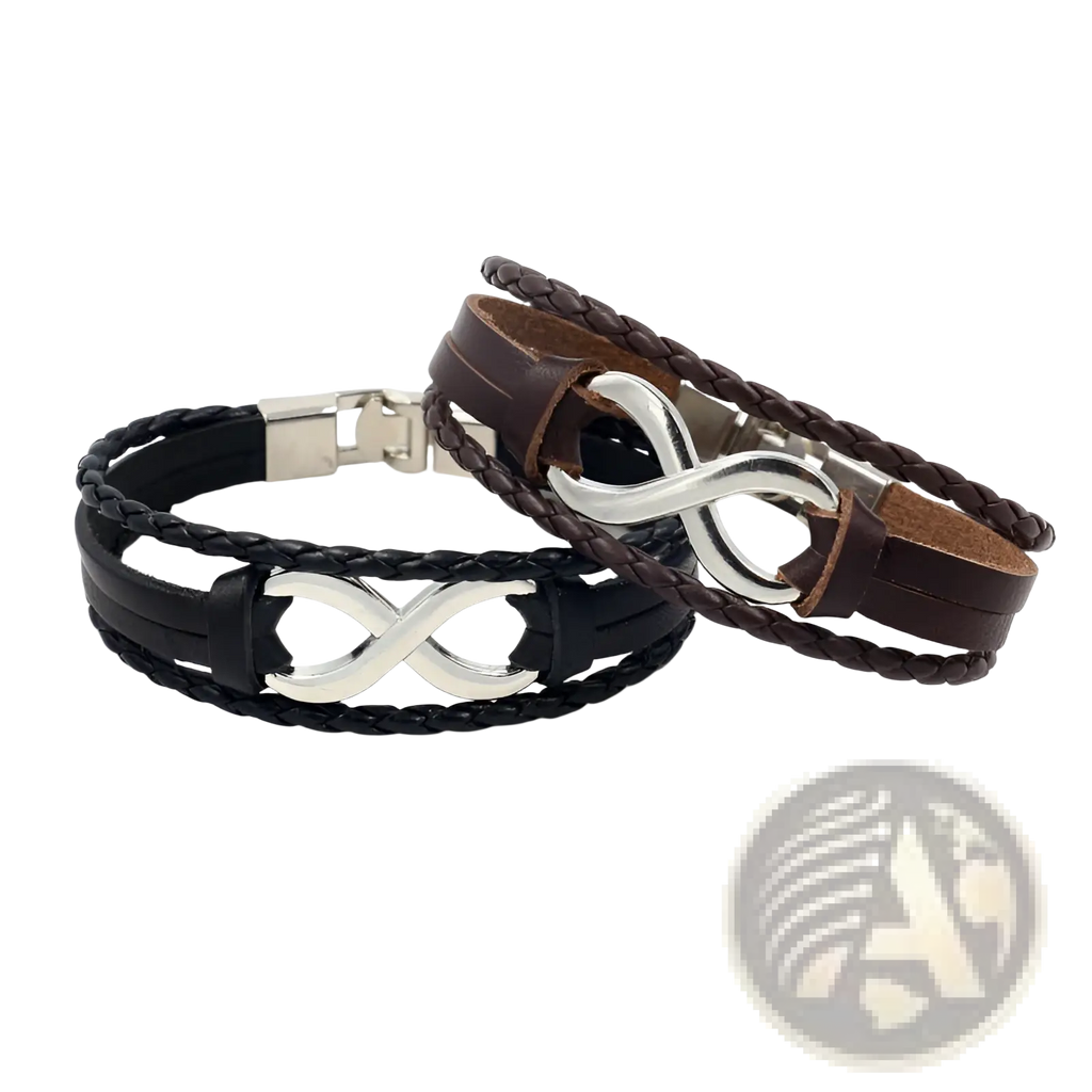 Unisex braided leather infinity bracelet in black and brown with silver infinity symbol clasps