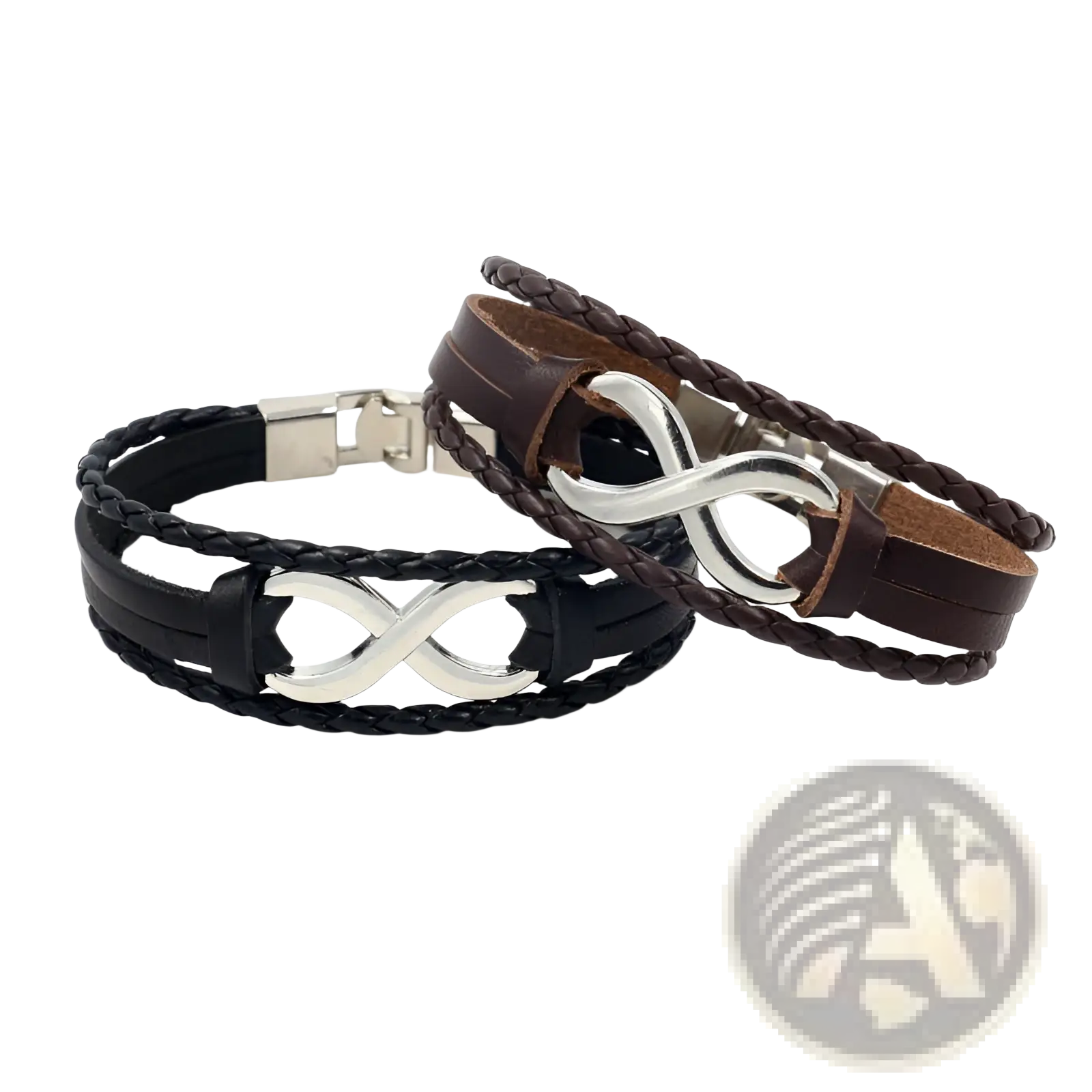 Unisex braided leather infinity bracelet in black and brown with silver infinity symbol clasps