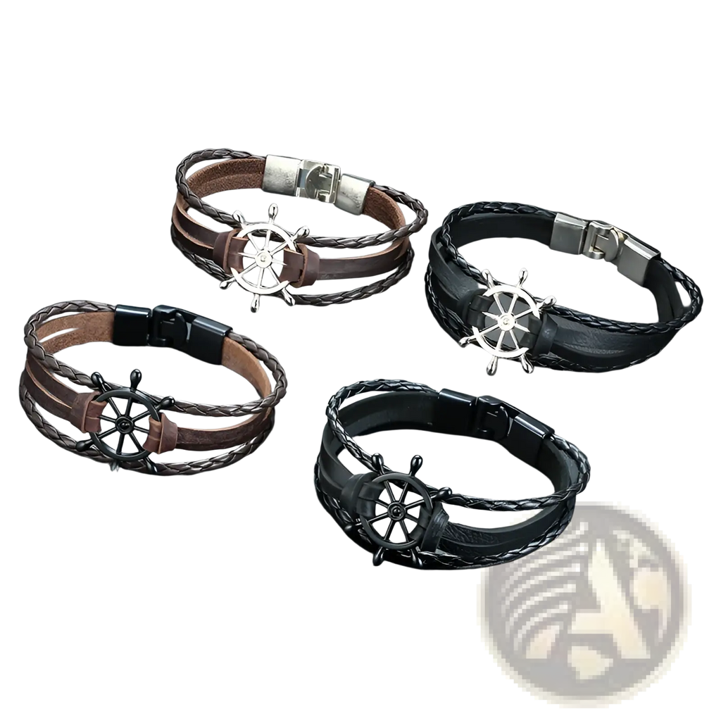 Unisex braided leather infinity and nautical charm bracelet featuring brown and black leather with silver and black ship wheel charms