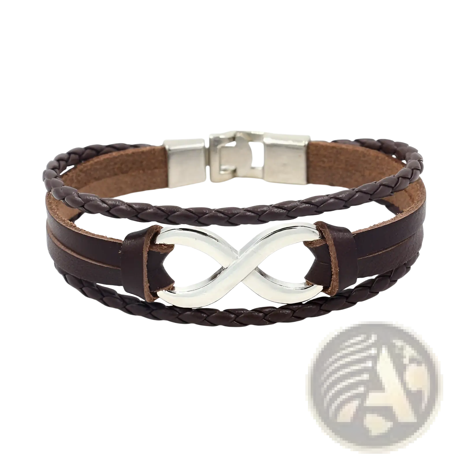 Brown braided leather unisex bracelet with silver infinity clasp and metallic magnetic closure nautical charm