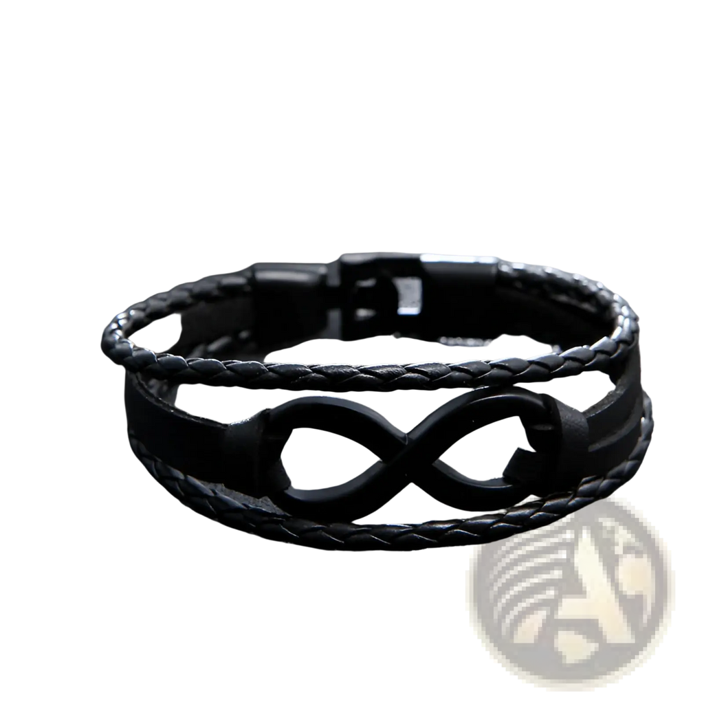 Black braided leather unisex bracelet with an infinity symbol centerpiece and magnetic clasp for everyday wear