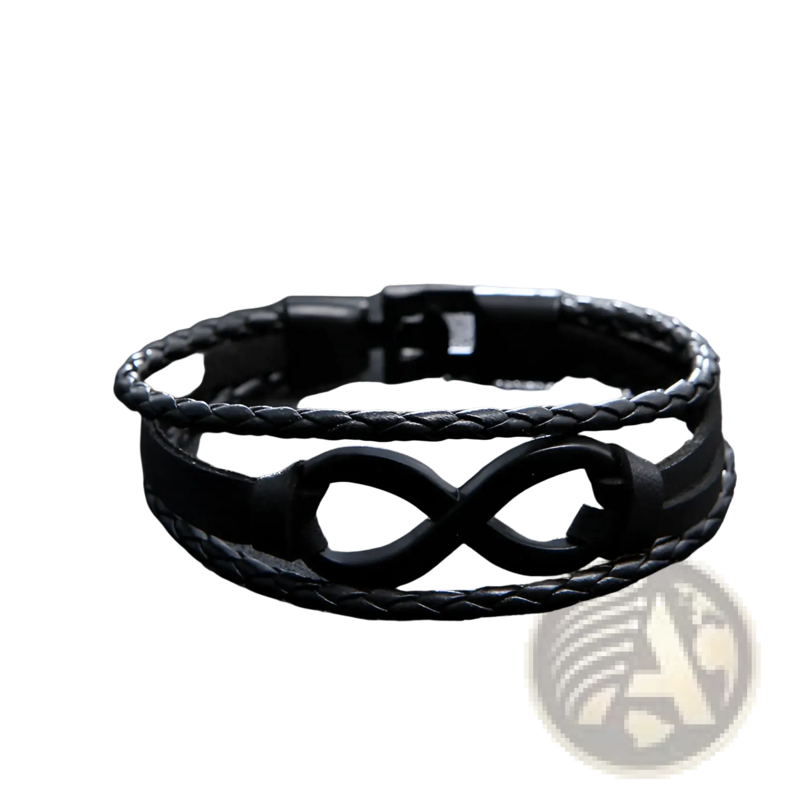 Black braided leather unisex bracelet with an infinity symbol centerpiece and magnetic clasp for everyday wear