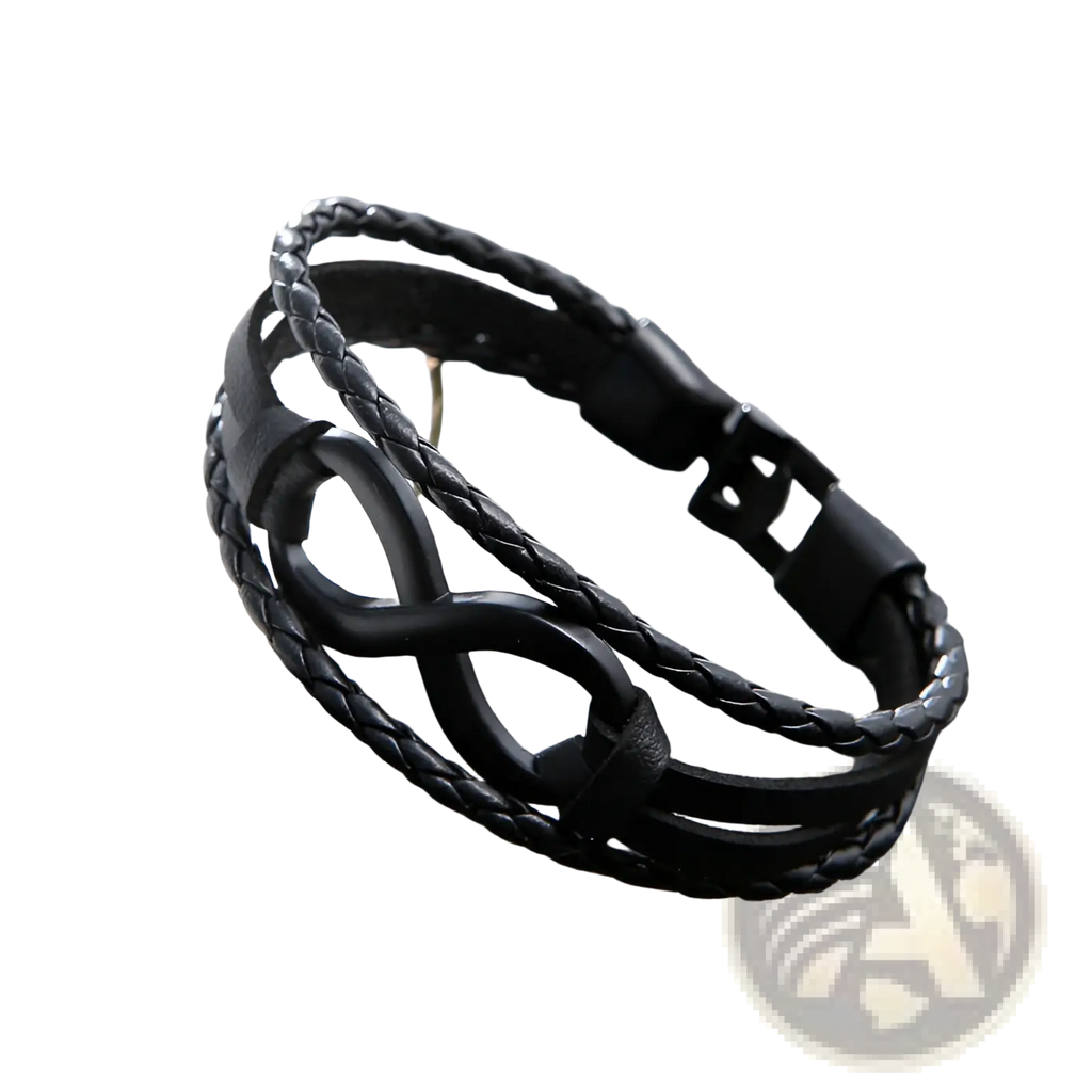 Unisex black braided leather bracelet featuring an infinity symbol centerpiece and a magnetic clasp closure