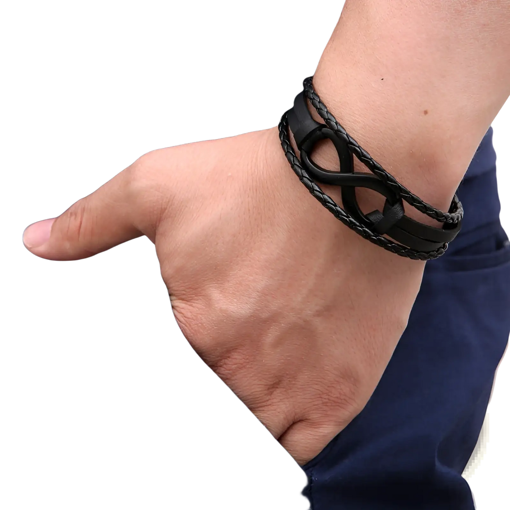 Black braided leather unisex bracelet featuring an infinity symbol design and nautical charm detailing