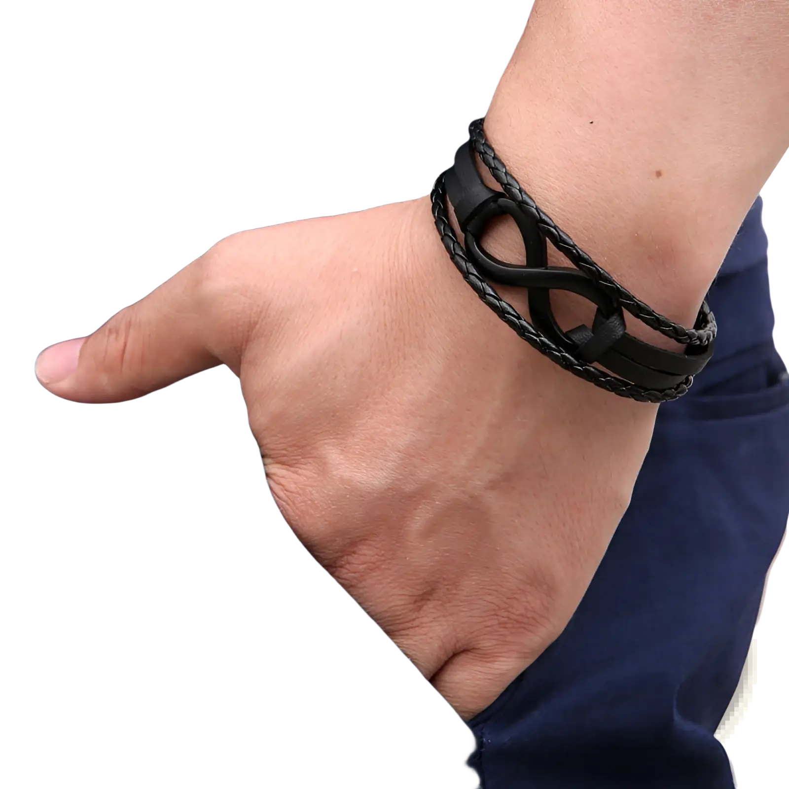 Black braided leather unisex bracelet featuring an infinity symbol design and nautical charm detailing