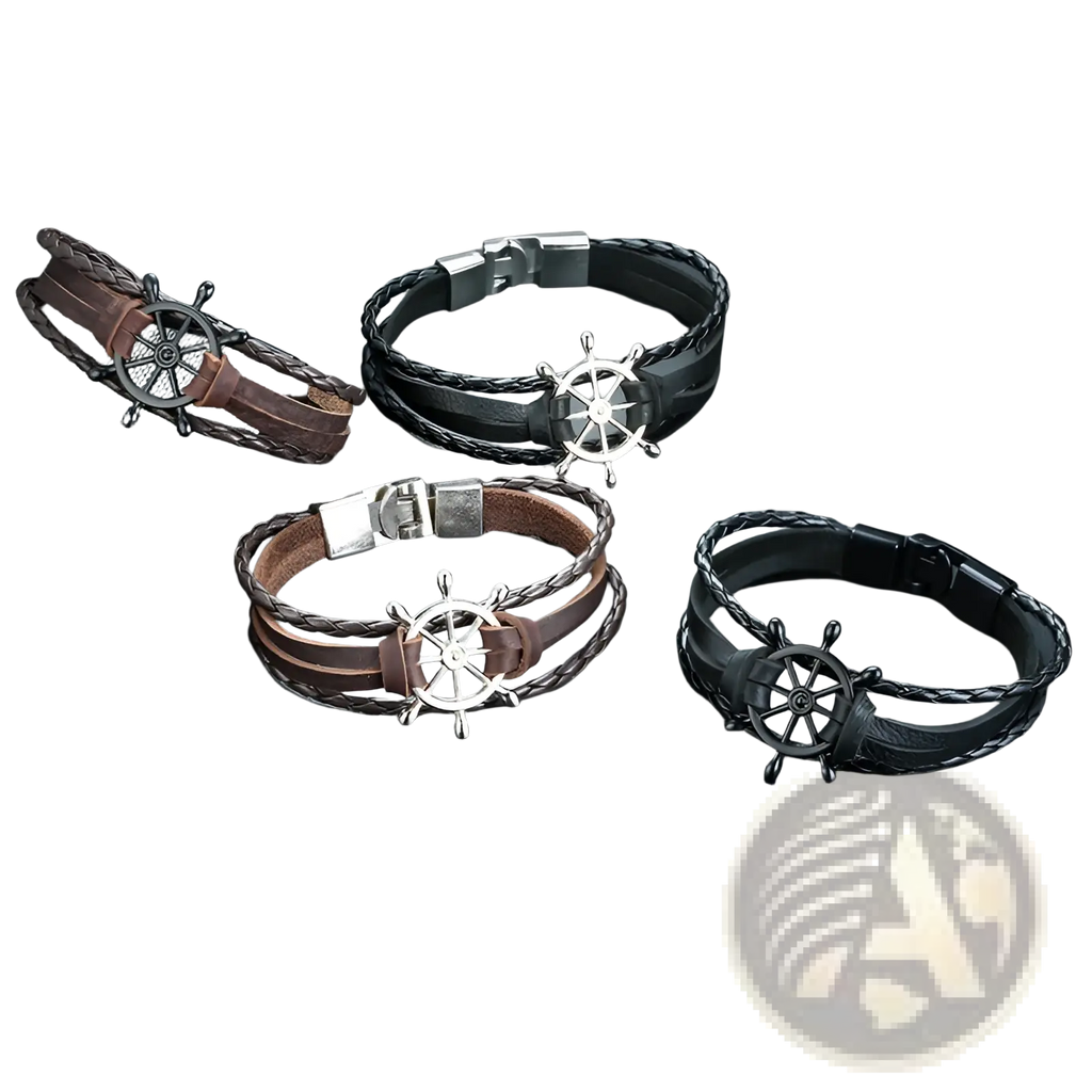 Set of four unisex braided leather wristbands in brown and black with silver toned nautical ship wheel charm