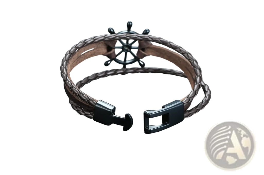 Unisex brown braided leather infinity bracelet with a black ships wheel charm and matte black magnetic clasp