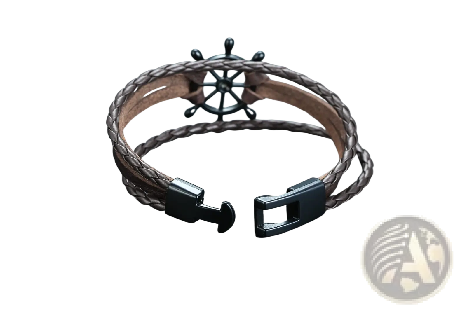 Unisex brown braided leather infinity bracelet with a black ships wheel charm and matte black magnetic clasp