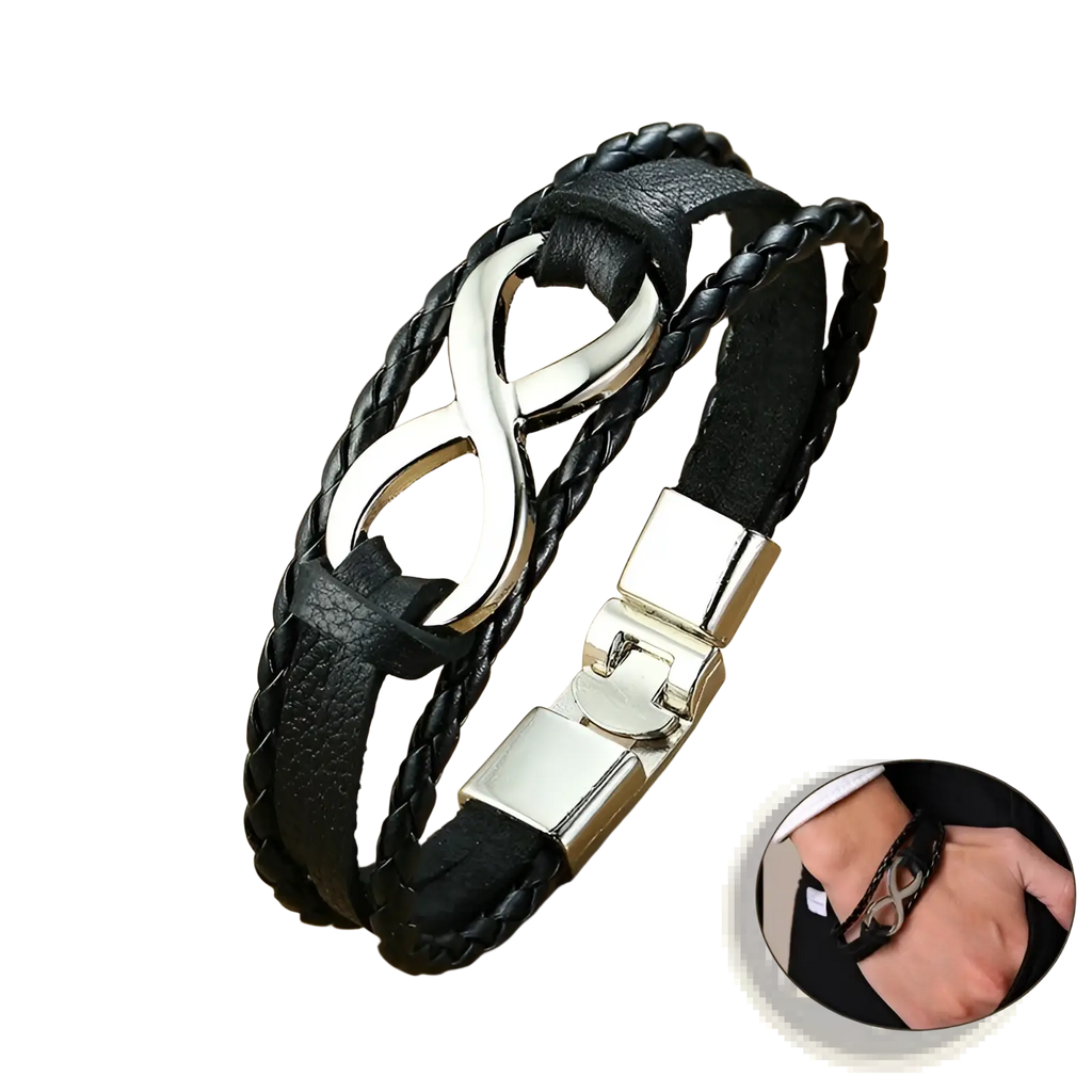 Black braided leather unisex bracelet with silver infinity symbol clasp and magnetic closure for everyday wear