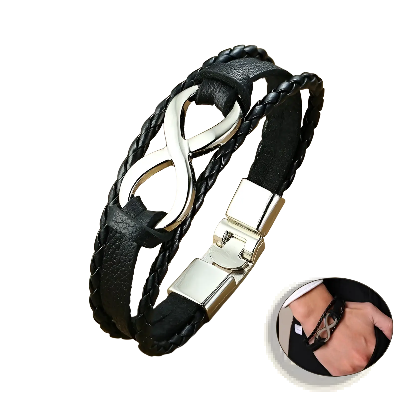 Black braided leather unisex bracelet with silver infinity symbol clasp and magnetic closure for everyday wear