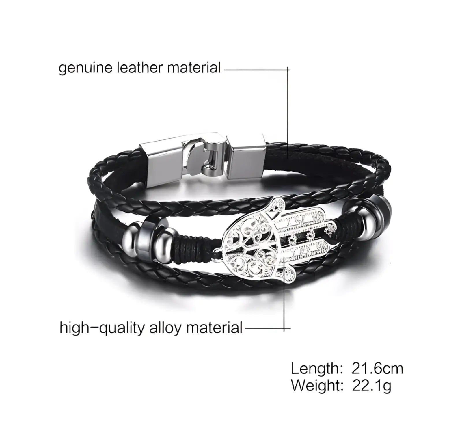 Unisex black braided leather infinity bracelet with silver hamsa hand charm and stainless steel clasp