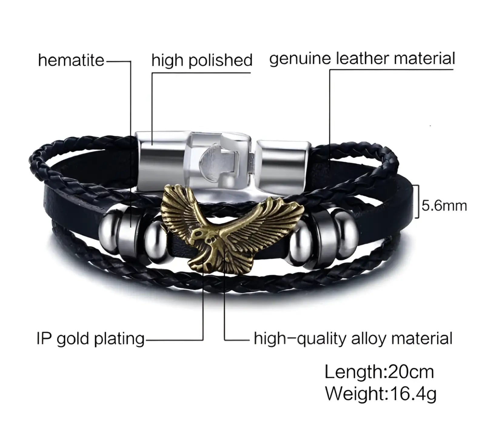 Unisex black braided leather infinity bracelet with gold-plated eagle charm silver alloy beads and stainless steel clasp