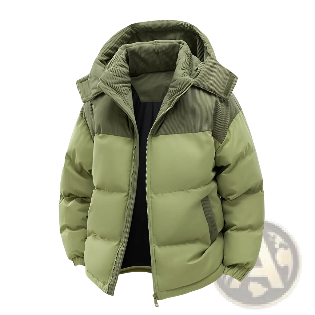 Unisex olive green puffer jacket with corduroy-lined detachable hood and dark olive corduroy shoulder panels